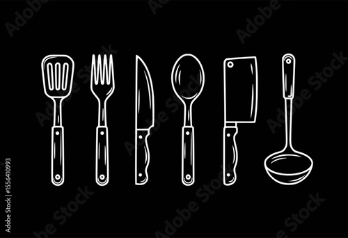 Minimalist white line art kitchen utensils on black kitchenware cooking