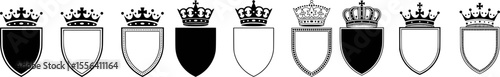 Ornate heraldic shields with royal crowns black and white vector