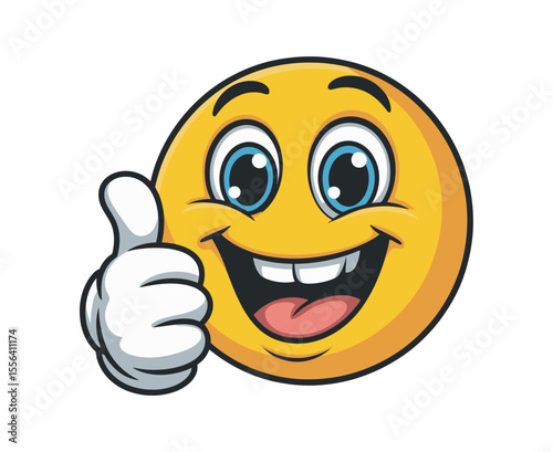 Cheerful cartoon smiley face with a thumbs up gesture Animated yellow big smile and up happy emoji positive illustration graphic yellow expression emotion