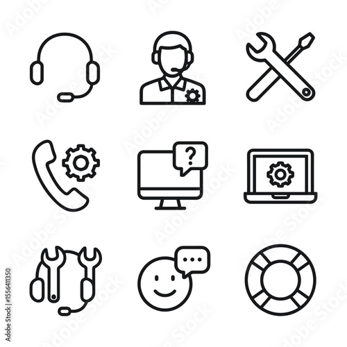 Tech support assistance icons collection. Outline symbols. Line design