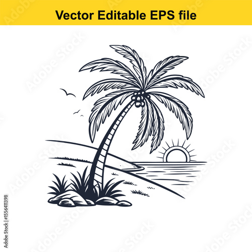 Retro Palm Tree Sunset Graphic Vintage Tropical Design Silhouette Illustration Vacation Vibes Island Getaway Nature Inspired Vector Art
