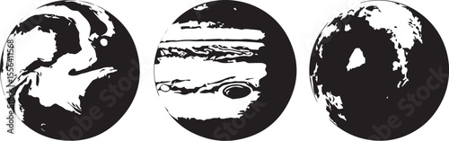 Three planets black and white artistic composition space celestial bodies