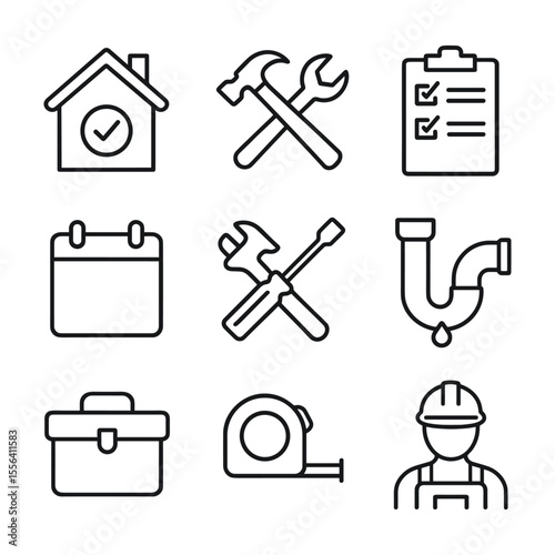 House maintenance and repair tools icon set. Outline symbols. Line design