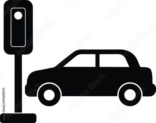 Car parked near a parking meter simple shape silhouette design.