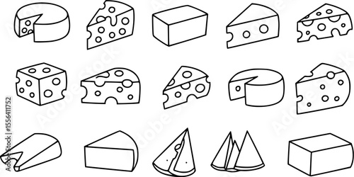 Various cheese types in a simple line drawing illustration food dairy