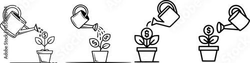 Watering can pouring water on money plant in pot growth investment