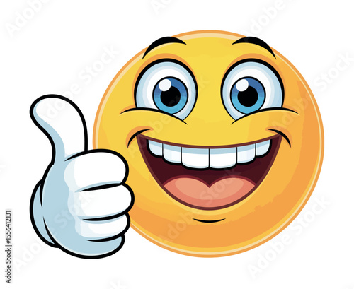 Cheerful emoticon with thumbs up gesture Smiling up smiley emoji cartoon happy smile positive illustration graphic face yellow expression digital art vector icon