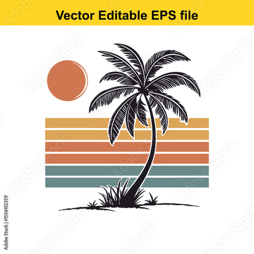 Retro Palm Tree Sunset Graphic Vintage Tropical Design Silhouette Illustration Vacation Vibes Island Getaway Nature Inspired Vector Art