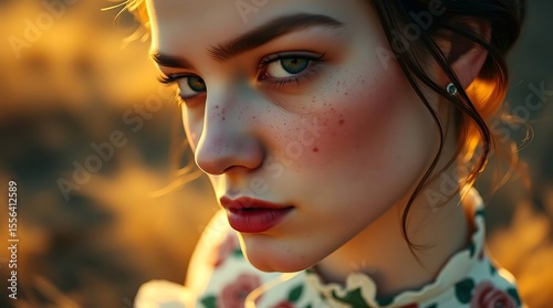 Woman model portrait with hand-painted floral dress