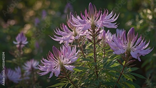 Beautiful Blooming Cleome Flowers in a Serene Garden Setting During Late Afternoon Sunlight Showcasing Delicate Petals and Lush Greenery