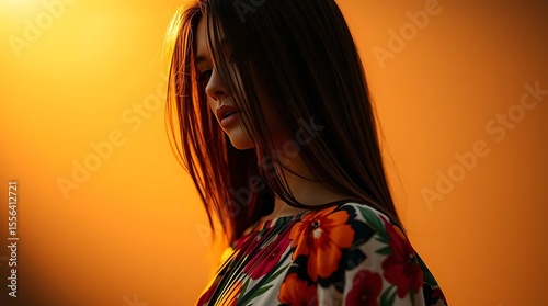 Woman model portrait with hand-painted floral dress
