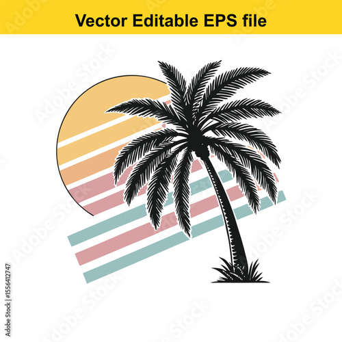Retro Palm Tree Sunset Graphic Vintage Tropical Design Silhouette Illustration Vacation Vibes Island Getaway Nature Inspired Vector Art