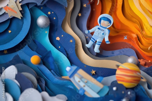birthday party invitation with a happy astronaut in space, planets and space surroundings, the vibe is playful and energetic, minimalistic cut out paper style