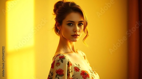 Woman model portrait with hand-painted floral dress