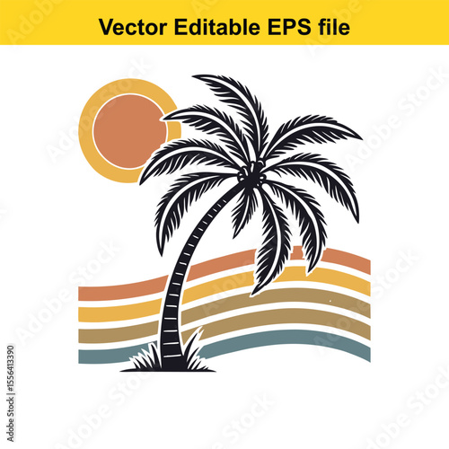 Retro Palm Tree Sunset Graphic Vintage Tropical Design Silhouette Illustration Vacation Vibes Island Getaway Nature Inspired Vector Art