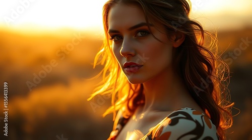 Woman model portrait with hand-painted floral dress