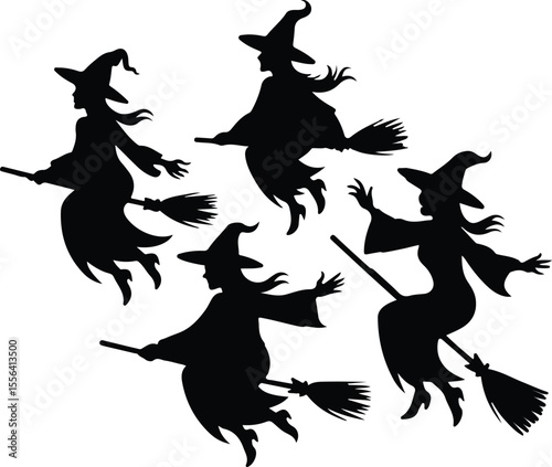 Set of flying witch with brooms silhouette vector illustration. Halloween witch set. Witch silhouette vector