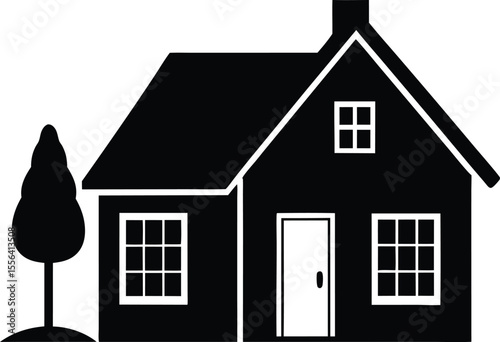 House with tree single family home silhouette vector illustration