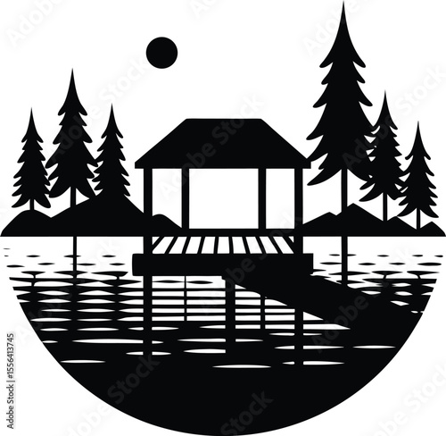 Boat Dock on Lake Silhouette, Peaceful Waterfront Vector, PNG & SVG Clipart new 2025 trendy