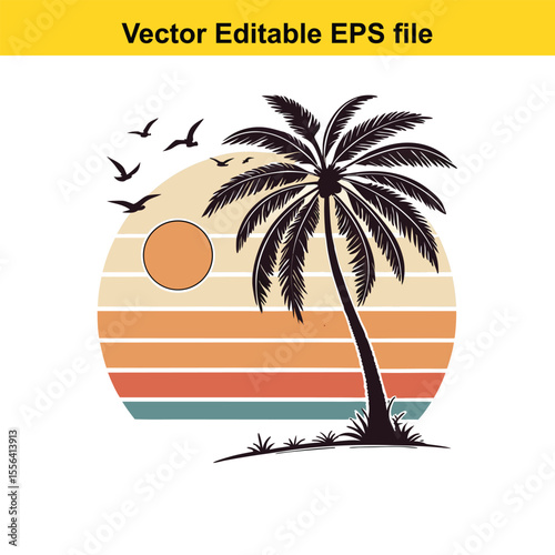 Retro Palm Tree Sunset Graphic Vintage Tropical Design Silhouette Illustration Vacation Vibes Island Getaway Nature Inspired Vector Art
