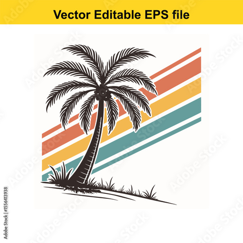 Retro Palm Tree Sunset Graphic Vintage Tropical Design Silhouette Illustration Vacation Vibes Island Getaway Nature Inspired Vector Art