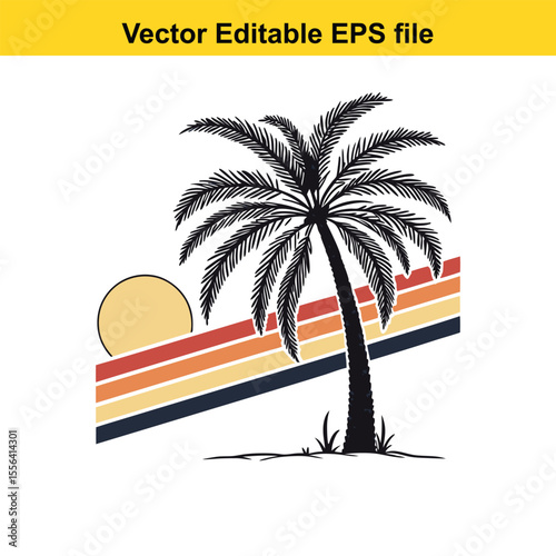 Retro Palm Tree Sunset Graphic Vintage Tropical Design Silhouette Illustration Vacation Vibes Island Getaway Nature Inspired Vector Art