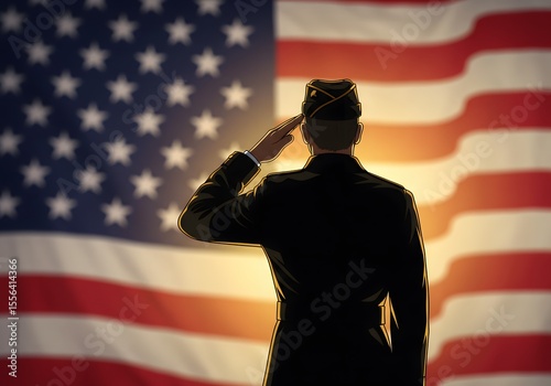U.S. military veteran in uniform saluting American flag at sunrise, Independence Day