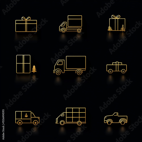 Gold Transportation Icons: Delivery, Logistics, and Shipping Symbols