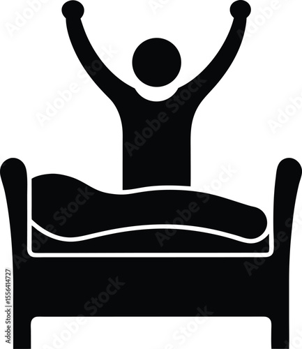 Person stretching in bed morning awakening silhouette vector illustration.