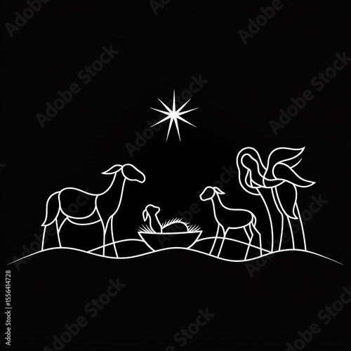 Nativity Scene: Minimalist Black and White Pixel Art Christmas Illustration for Cards, Prints, and Web Design