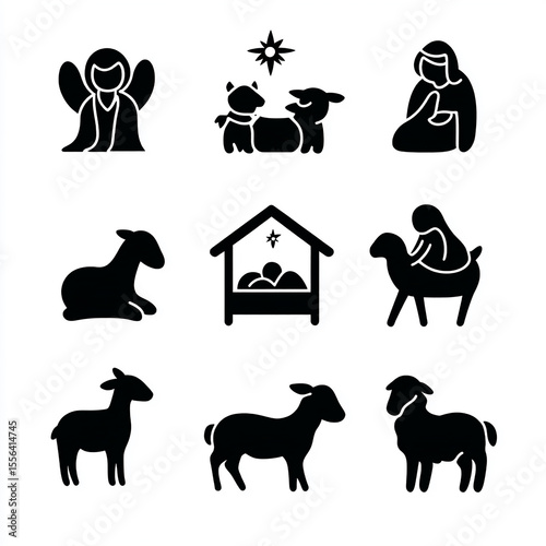 Nativity Scene Icons: Black and White Pixel Art for Christmas Designs