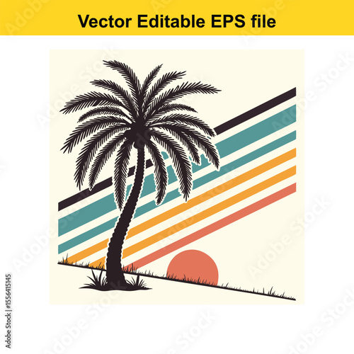 Retro Palm Tree Sunset Graphic Vintage Tropical Design Silhouette Illustration Vacation Vibes Island Getaway Nature Inspired Vector Art