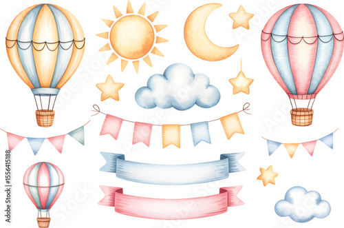 Hand drawn watercolor Illustration set of hot air balloons and elements. Cute drawing for newborn shower or kid birthday.