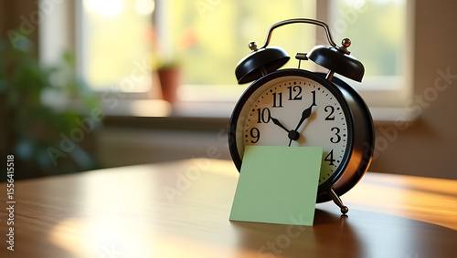 Retro Alarm Clock with Blank Sticky Note;  Warm Morning Light,  Time Management Concept.