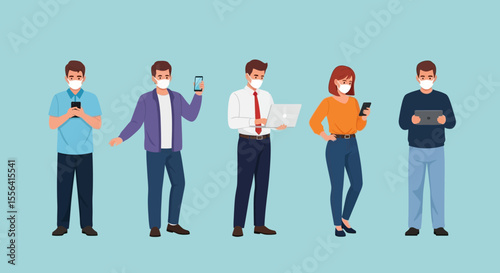 People Wearing Masks Using Technology Mobile Phones, Laptops, and Tablets