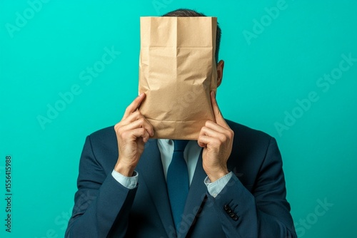 Businessman covering face with brown paper bag, expressing anonymity, mystery, or shame