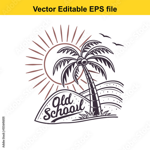 Retro Palm Tree Sunset Graphic Vintage Tropical Design Silhouette Illustration Vacation Vibes Island Getaway Nature Inspired Vector Art