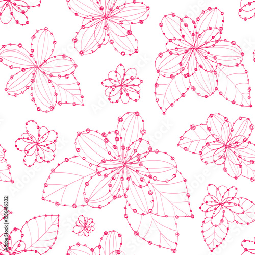 Hand drawn ink line flowers with dot pink color on white. Seamless pattern tender, gently, girly