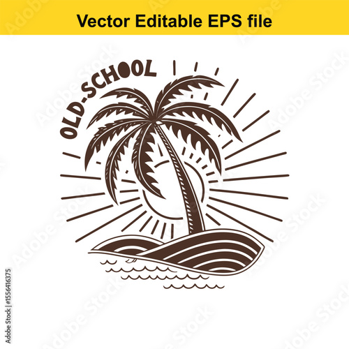 Retro Palm Tree Sunset Graphic Vintage Tropical Design Silhouette Illustration Vacation Vibes Island Getaway Nature Inspired Vector Art