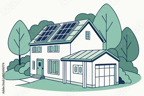 Modern house with solar panels and backup system, ideal for eco-friendly living, real estate, or energy ads.