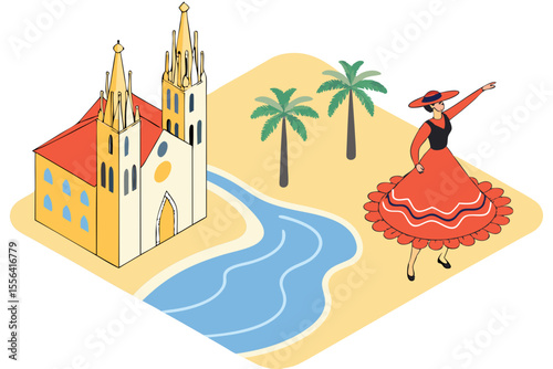 Isometric Spain Scene with Sagrada Familia, Flamenco Dancer, and Beach