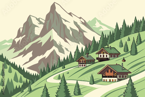 Isometric Switzerland Scene with Alps Mountains, Ski Resorts, and Chalets
