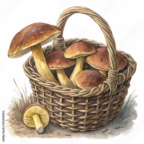 Slippery jack mushrooms with flat sticky caps and thin stems in a rustic basket. Watercolor and charcoal illustration, earthy tones, soft light, isolated on white.
