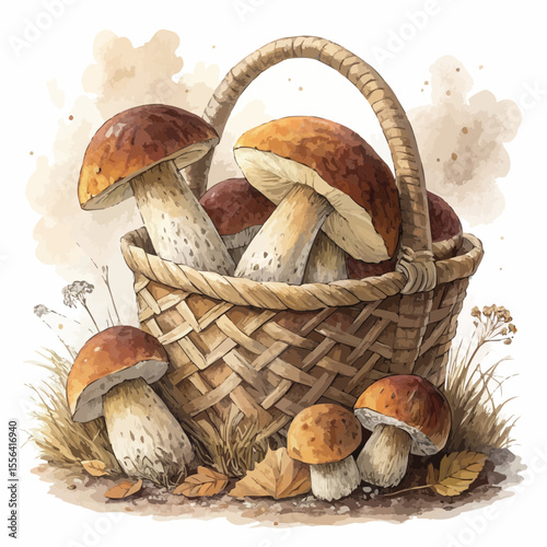 Brown-cap birch boletes in a textured basket. Watercolor and charcoal style, warm light and natural details, soft earthy tones, realistic, isolated on white.
