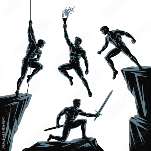 Teamwork, Challenge, Success: Silhouette Illustration of Warriors Conquering Obstacles