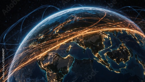 Visual Representation of Global Connectivity and Communication Network Highlighting Major Routes Across Earth at Night