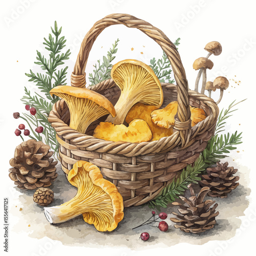 Golden chanterelle mushrooms in a rustic basket. Curled trumpet shapes and textured caps. Watercolor and charcoal style, warm soft light, isolated on white.