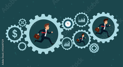 Businessmen Running in Interlocking Gears Teamwork, Efficiency, and Progress