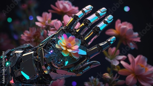 Metallic Hand Holds a Vibrant Flower Surrounded by Glowing Blossoms in a Futuristic Setting During Twilight