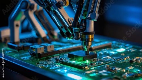 Robotic Arm Performs Precision Soldering on Electronic Circuit Board in a Modern Manufacturing Facility Late at Night